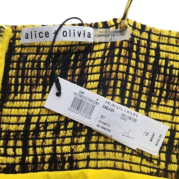 NWT Alice + Olivia Yellow Tie Die Black Sweetheart Ruched Mini Sundress - 12 - Picture 7 of 10